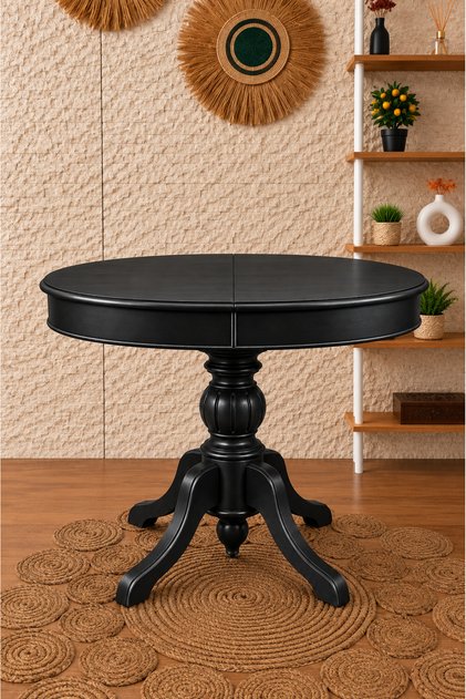 Baba Ayaklı Masa Ahşap Yuvarlak Siyah Renkli Açılır Masa (ÇAP 90 CM)