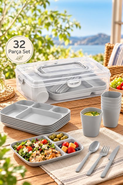 AC-101-1 32 Parça 6 Kişilik Pratik Taşınabilir Piknik Seti - Saklama Kutulu Piknik Sepeti Gri