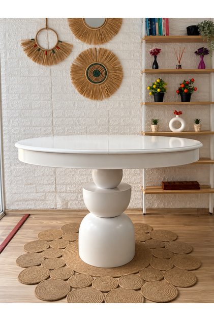 Boğum Ayaklı Masa Ahşap Yuvarlak Beyaz Renkli Açılır Masa (ÇAP 110 CM)
