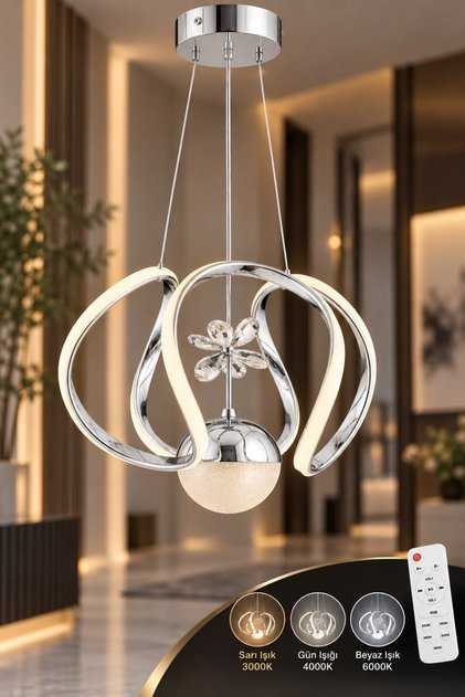 Kumandalı Bigiee Gümüş Üç Renk Lüx Ledli Modern Led Avize