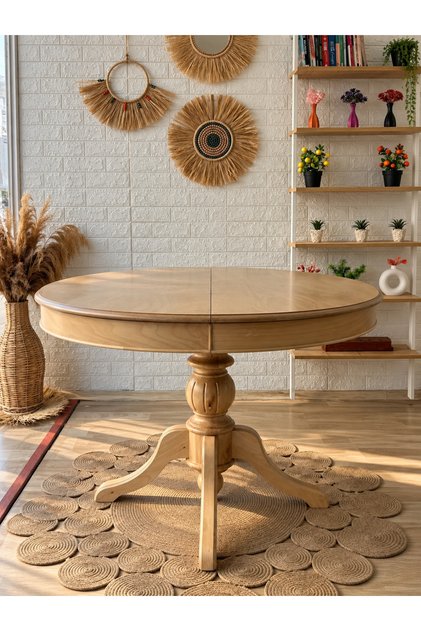 Baba Ayaklı Masa Ahşap Yuvarlak Naturel Renkli Açılır Masa (ÇAP 110 CM)