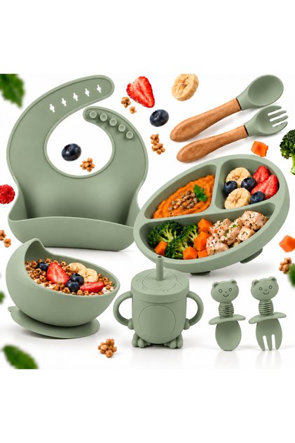 Set Diversificare Bebelusi ZUKO, 8 Piese, Hranire Copii, Silicon BPA Free, Farfurie Compartimentata, Bol cu Ventuza, Tacamuri, Baveta, Cana – Verde
