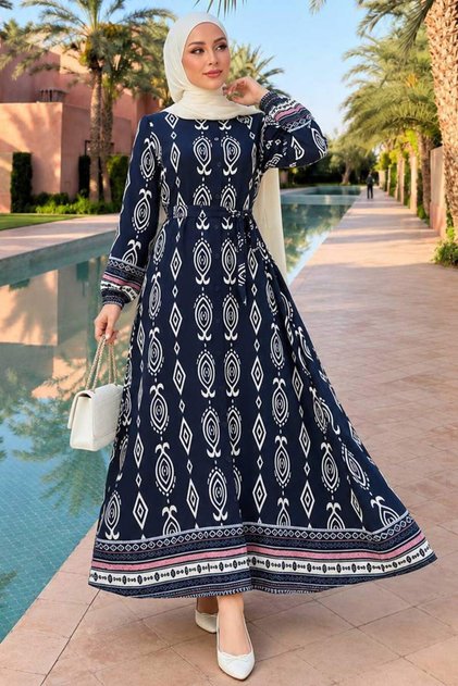 Patterned Navy Blue Hijab Dress 24085L