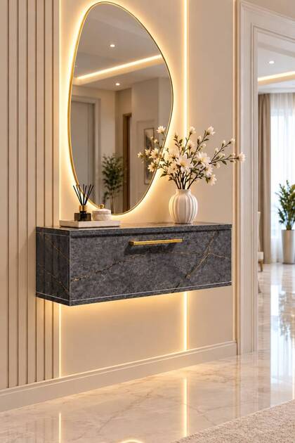 Modern Mermer Desenli Duvar Dresuarı Özel Lüx MDF 70x20x27 cm Kapaklı Antre Hol Konsolu