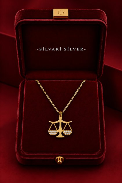 Terazi Sembolü Beyaz Taşlı Gold Rengi Tasarım 925 Ayar Gümüş Kolye.