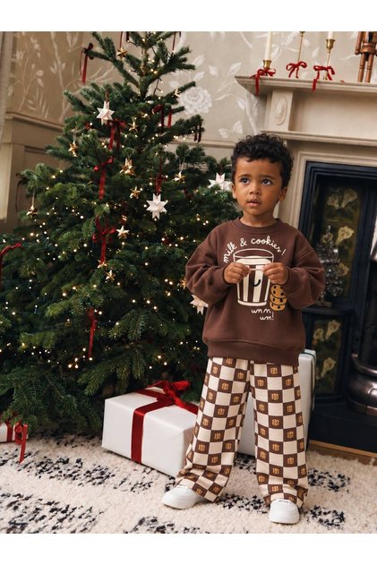 Children's Brown Milk & Cookies Printed Sweatshirt and Plaid Patterned Trousers 2-Piece Set