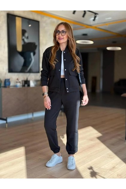 Women's Black Button Detailed Jacket and Pants Stylish Set