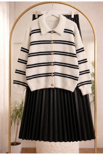 Women's Polo Collar Striped Knitwear Cardigan Pleated Leather Skirt 2-Piece Set