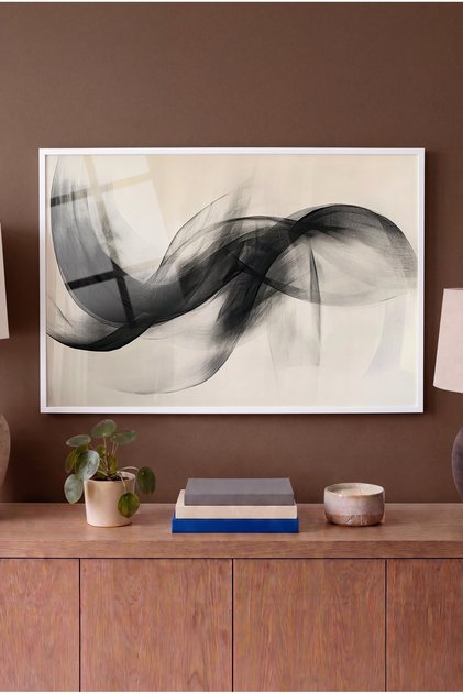 Cosmic Black Flow Themed Horizontal Glass Table - White Metal Framed Table for Home, Business, and School