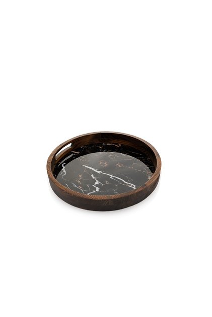 Komax Serving Tray Round Wooden Marble Black 38cm