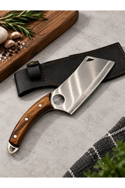 Profesyonel Viking Satır Bıçağı – X50CrMoV15 Alman Çeliği – Kök Ceviz Sap – Deri Kılıflı Kamp ve Mutfak Satırı