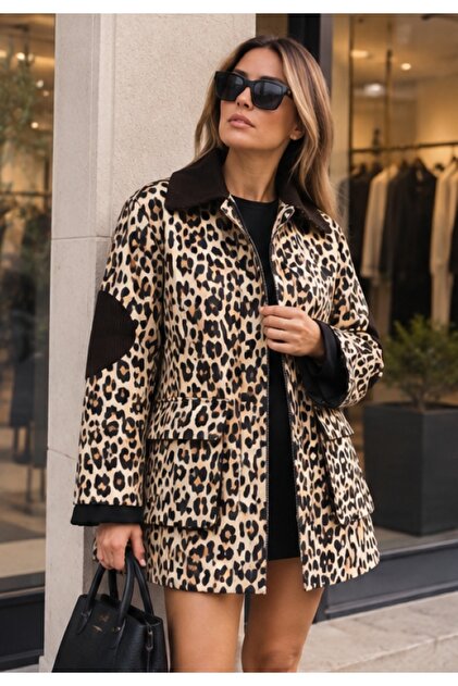 Nox Women's Velvet Collar, Pleated Back, Bell Pockets, Premium Leopard Mid-Length Trench