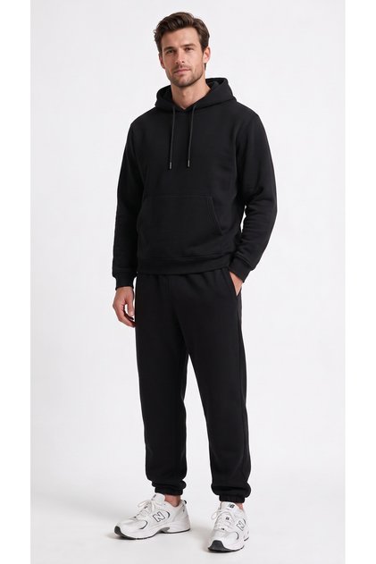 Men's Black Hooded 3-Thread Sweatpants Set with Elastic Cuffs
