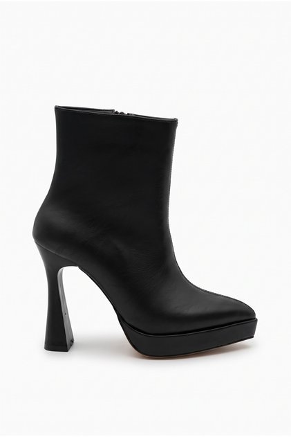 Women's Platform Heeled Pointed Toe Front Stitched Zippered Black Boots (12 cm Heel)