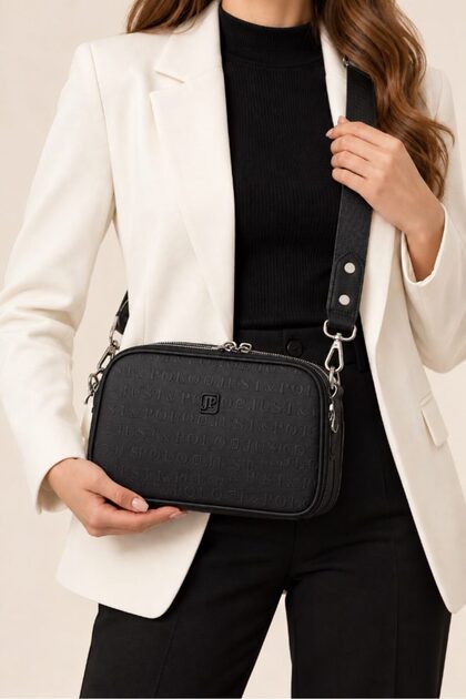Women's Hand and Shoulder Bag with Cross Strap, Logo, Multi-Compartment, Cream, Daily Stylish, Black