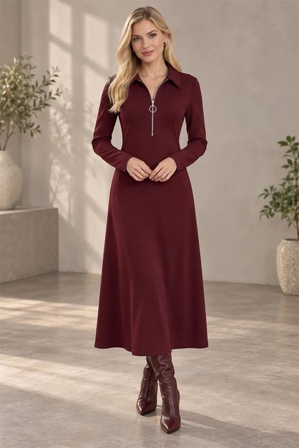 Women's Burgundy Lycra Round Neck Zipper Detailed Long Dress Hzl26S-Wm235