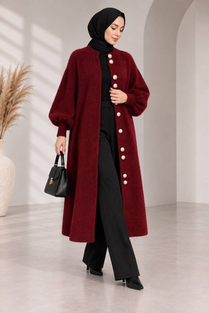 Women's oversized beardy knit long cardigan with button detail