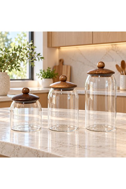 Luxury 3-Piece Glass Storage Jar Set with Wooden Lids