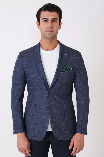 Slim Fit Double Slit Pocket Woolen Navy Blue Jacket C 752