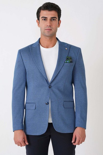 Slim Fit Pointed Collar Double Slit Stretchy Wool Indigo Jacket C 746