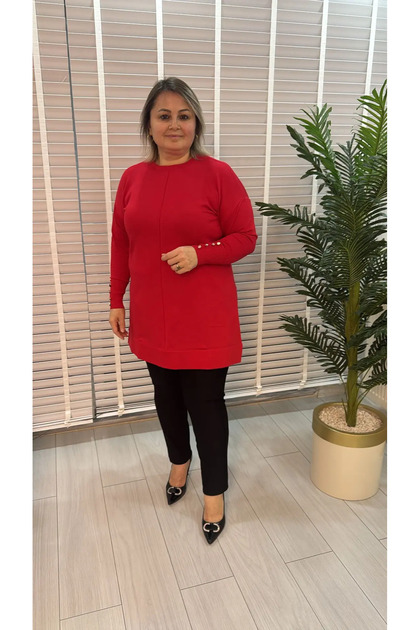 Kadın Büyük Beden Yarım Balıkçı Yaka Kol Düğme Detaylı Triko Tunik Oversize Dökümlü Kazak