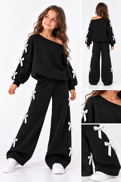 Girl's Asymmetrical Collar Black Sweatshirt with Ribbon on the Sleeves - Black Loose Fit Tracksuit Set