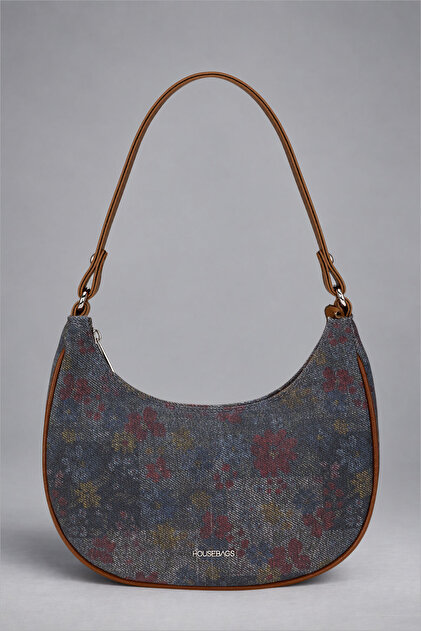 Smoke Grey Denim Vintage Floral Hobo – Women's Shoulder Bag with Cognac Straps and Silver Metal Detail