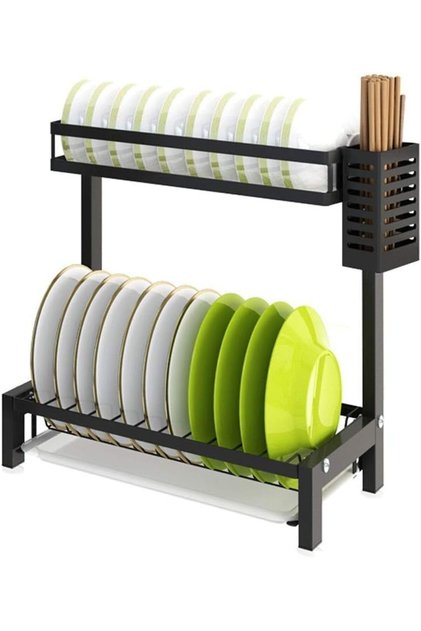 2-Layer Black Stainless Steel Kitchen Drain Rack Dish Drying Rack with Chopsticks Cage Knife Holder Chopping Board Holder
