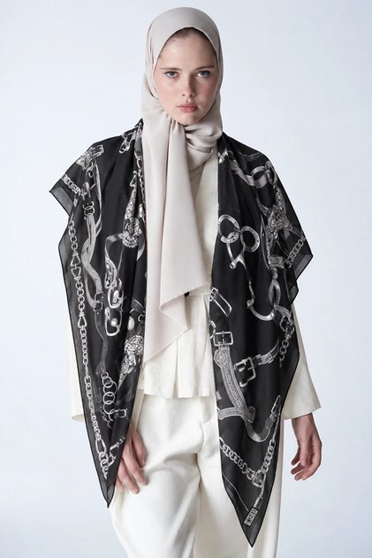 Viscose Silk Shoulder Shawl Harness Pattern - Black