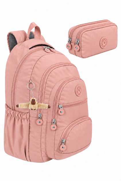 Set of 2 Luxury Crinkle Fabric High School and Middle School Backpack + Pencil Case, with Monkey Keychain Gift