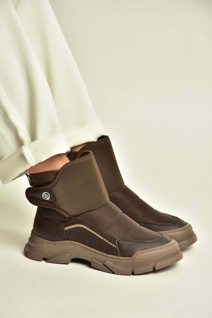 Z820260304 Brown Fabric Velcro Thick Soled Winter Inflatable Snow Boots