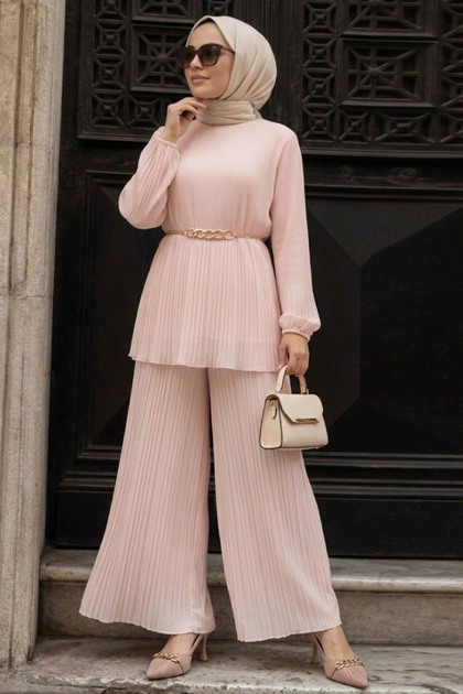 Pudra Chiffon Hijab Skirt Set with Pleated Chain Accessories 13762Pd