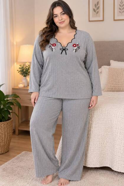 Women's Plus Size Camisole Pajama Set Floral Embroidery Bow Detail Long Sleeve Home Wear