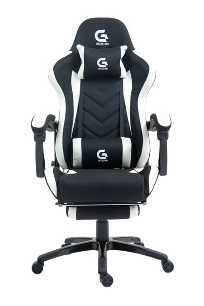 Scaun gaming cu masaj în perna lombară, sezut benzi elastice sustinere, suport picioare, Negru/Alb