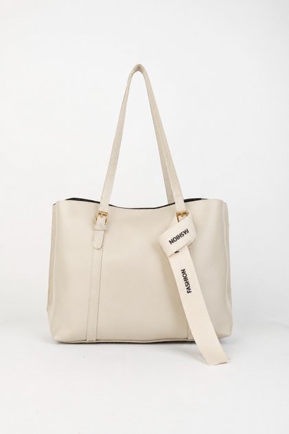 Women's Cream Medium-Sized Faux Leather Hand and Shoulder Bag with Snap and Zipper Closure