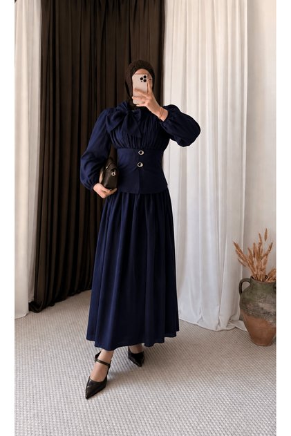 Mobile Belted Two-Button Voile Dress - 5176 - Navy Blue