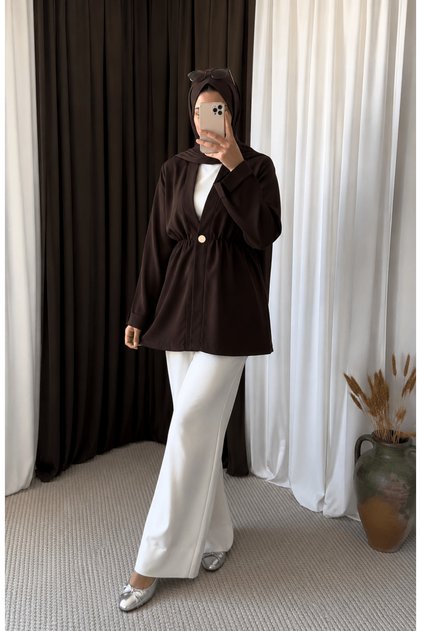 Ek Düğmeli Belden Lastikli Dabıl Kimono - 5846 - Acı Kahve