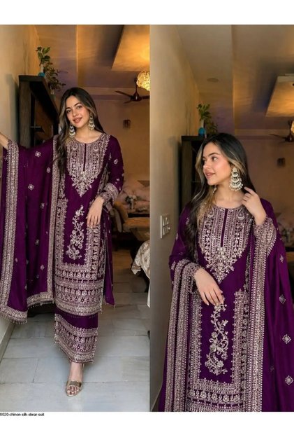 Purple Chinon Silk Pakistani Suit Set - FFT9438 | Purple-Size:2XL-44-Inches