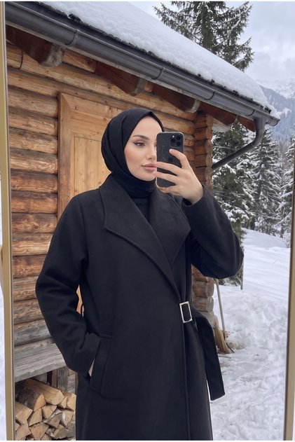 Women's Shawl Collar Belted Cashmere Coat – Long Length with Pockets, Comfortable Fit for Winter