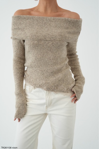 Women's Mink Madonna Collar Lace Detailed Knitwear Sweater