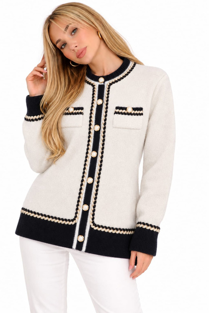 Women's Ecru Black Detailed Gold Buttoned Knitwear Cardigan Crew Neck Knitted Cardigan Stylish Long Sleeve