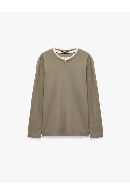 Pamuklu Pike Kumaş Hakim Yaka Uzun Kollu Sweatshirt