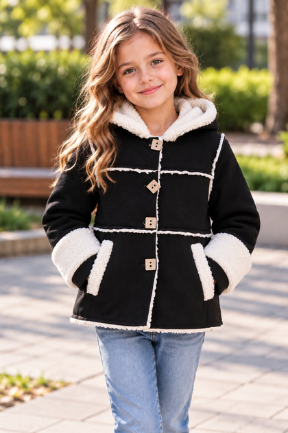 Girls' Nubuck Suede Fur Coat Hooded Winter Warm Children's Coat 4-12 Years Old