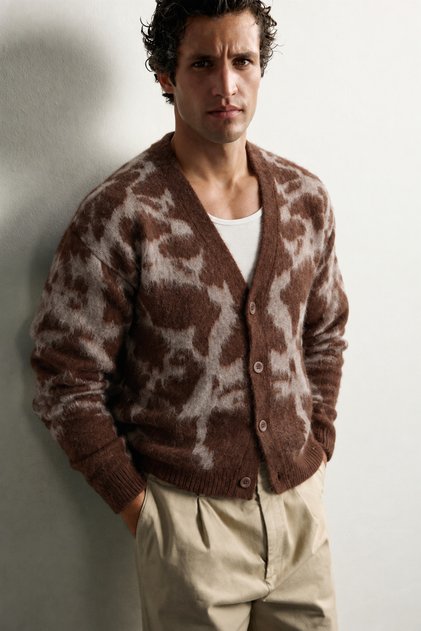 Men's Modern Patterned V-Neck Knitwear Cardigan