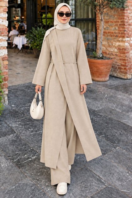 Beige Hijab Dress with Shoulder Gathering and Tie Detail 6315Bej
