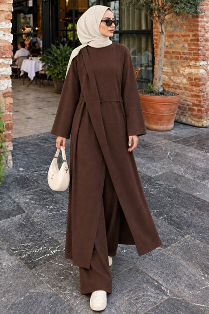Brown Hijab Dress with Shoulder Gathering and Tie Detail 6315Kh