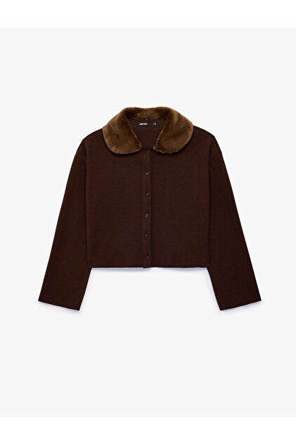 Long Sleeve Buttoned Faux Fur Collar Knitwear Cardigan