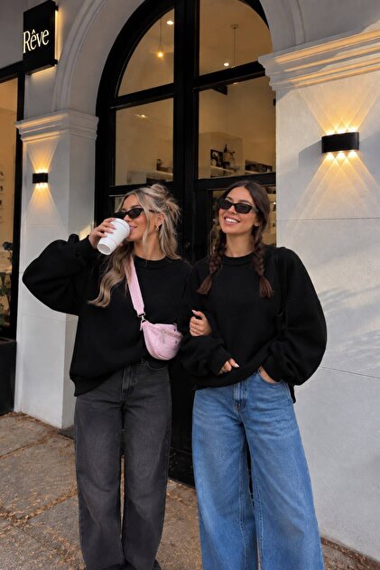 Women's Black Sweatshirt with 3-Thread Raised Crew Neck