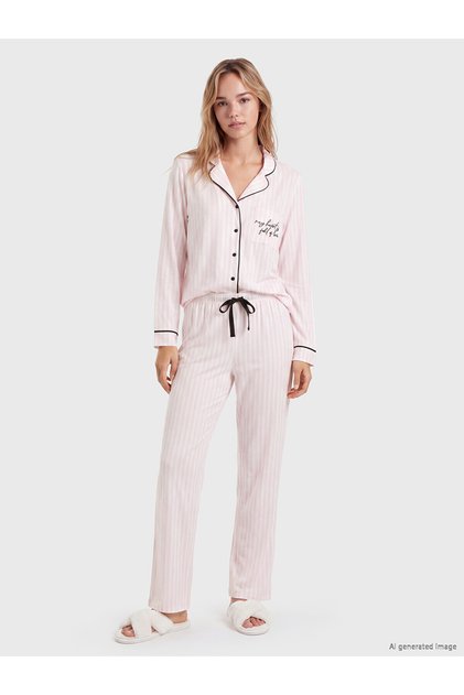 Two Mt Shop Quality Lcw Dream Ecru Combed Cotton Striped Long Sleeve Women's Pajama Set