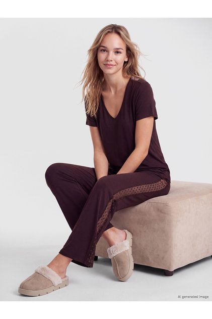 Two Mt Shop Quality Lcw Dream Brown Patterned Short Sleeve Women's Pajama Set